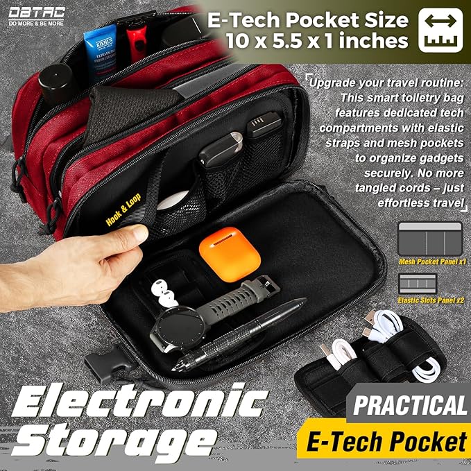 DBTAC Tactical Toiletry Bag w/Electronic Organizer Compartment | Dry/Wet Separate Hygiene Bag, Expanded Travel Dopp Kit Shaving Kit Travel shower Bag for Men (Red)