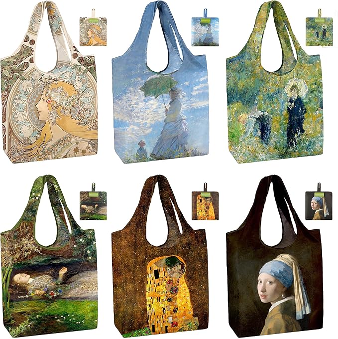 BeeGreen Oil Painting Reusable Grocery Bags 6 Pack, Heavy Duty Totes for Women, Foldable Grocery Bag Large Shopping Totes with Handles for Work, Travel, Gift, Polyester Washable Reusable Tote Bag