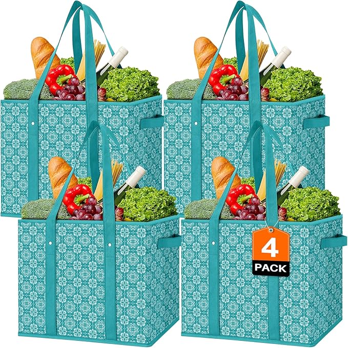WISELIFE Reusable Grocery Bags [4 Pack],Large Grocery Tote Bag Water Resistant Shopping Bags Foldable Grocery Bag for Clothes,Shoes and Picnic,Green