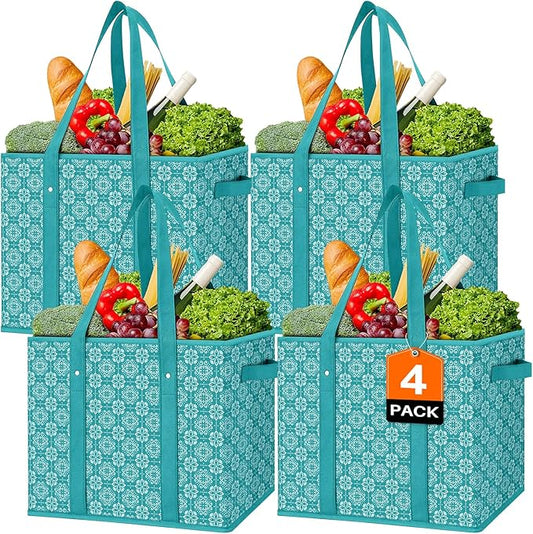 WISELIFE Reusable Grocery Bags [4 Pack],Large Grocery Tote Bag Water Resistant Shopping Bags Foldable Grocery Bag for Clothes,Shoes and Picnic,Green