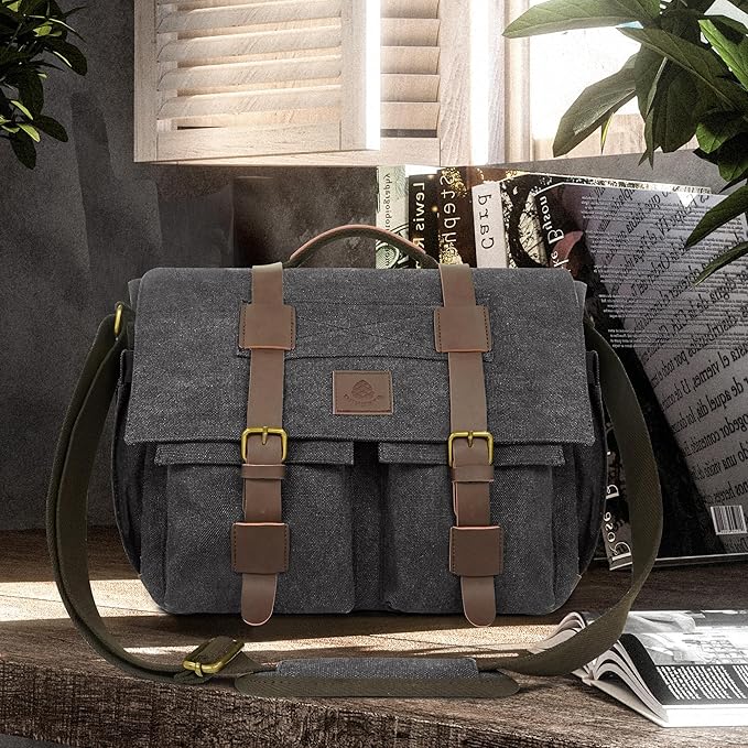 Messenger Bag for Men,13-14-15.6 Inch Laptop Bag, Vintage Heavyweight Canvas Satchel Bag, Leather Briefcase for School Work Travel (Grey)