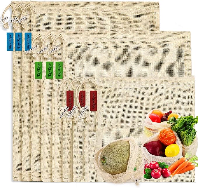 KerKoor Reusable-Cotton-Mesh-Produce-shopping-Bags-Washable Eco Friendly Premium See Through Lightweight Net zero Bulk Bags for Veggie Fruit Vegetable Grocery Storage (9 Packs)