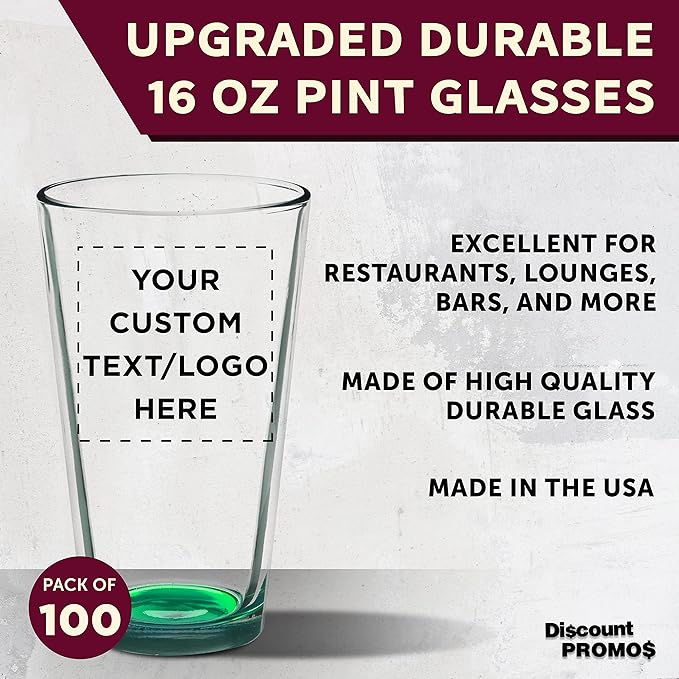 Custom Arc Pint Glass 16 oz. Set of 100, Personalized Bulk Pack - Beer Glasses, Heavy Duty Drinkware - Green