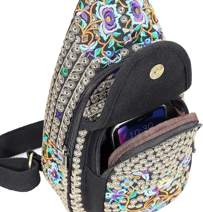 SILKAREA Vintage Embroidered Bohemian Small Sling Bag for Women Crossbody Rope Sling Backpack Purse Shoulder Bag