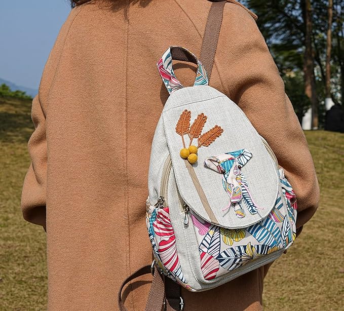 HUANGGUOSHU Women Cotton Woven Bohemian Hemp Boho Canvas Embroidery Multi Pocket Retro Cute Backpack Wallet Backpack Nature Animal Motif