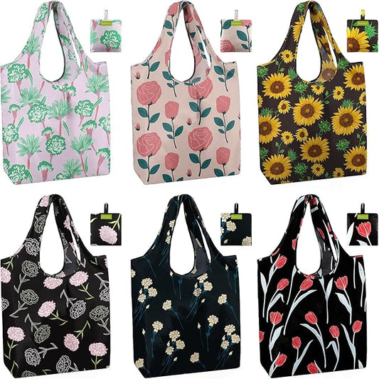 BeeGreen Reusable Grocery Bags 6 Pack, Heavy Duty Totes for Women, Foldable Grocery Bag Large Shopping Totes with Handles for Work, Travel, Gift, Store, Polyester Washable Reusable Tote Bag