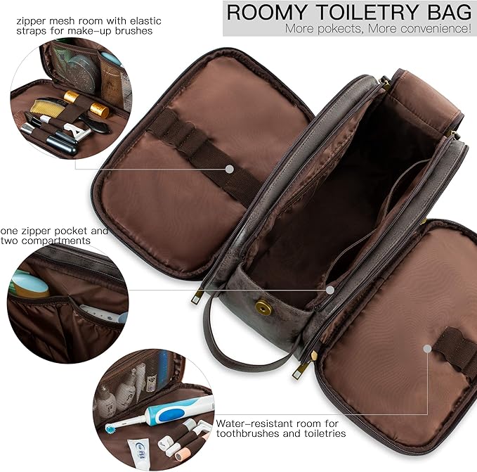 Elviros Toiletry Bag for Men, Large Travel Shaving Dopp Kit Water-resistant Bathroom Toiletries Organizer PU Leather Cosmetic Bags