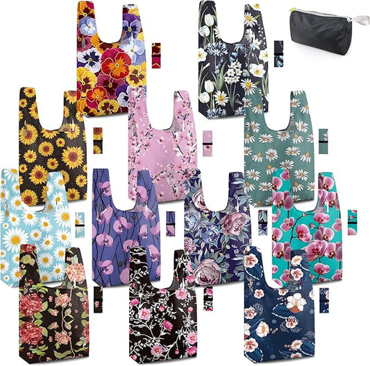 BeeGreen Large Flower Tote Bag - 12 Pack Heavy Duty Reusable Grocery Bags and Foldable Shopping Bags for Groceries, Cute Travel Reusable Gifts,Lightweight Washable Cloth Bag With Handles for Women