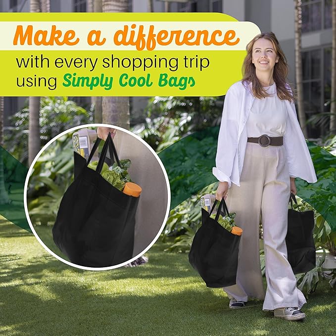 Simply Cool 200 Pack Black Reusable Eco-Friendly Large Grocery Shopping Bags 14.5"x14"x6.6" Durable Recyclable Shopping Bags Washable Foldable Portable Tote Bags Bulk