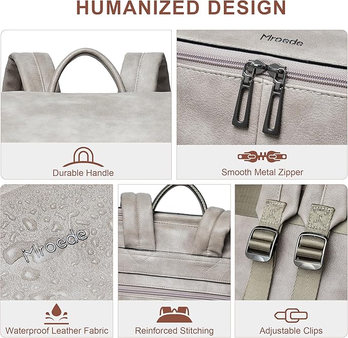 Leather Laptop Backpack for Women, 15.6 Inch Travel Backpack with Laptop Compartment, Casual Daypack Fashion Travel Backpack Purse for Travel College Work, Grey