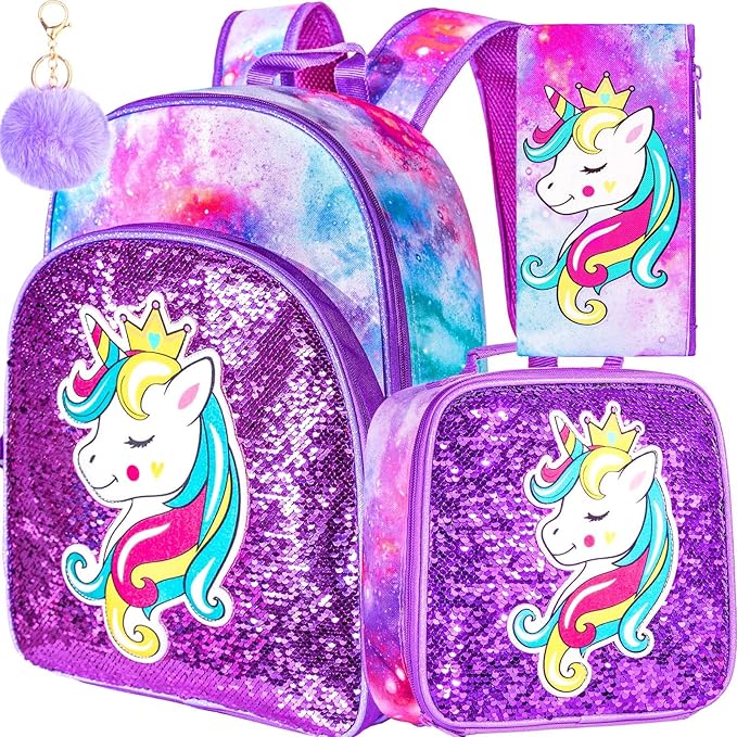 3PCS Girls Backpack, 16" Kids Sequins Unicorn Bookbag with Lunch Box, School Bags for Elementary Preschool Kindergarten - Purple