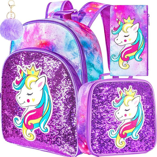 3PCS Girls Backpack, 16" Kids Sequins Unicorn Bookbag with Lunch Box, School Bags for Elementary Preschool Kindergarten - Purple