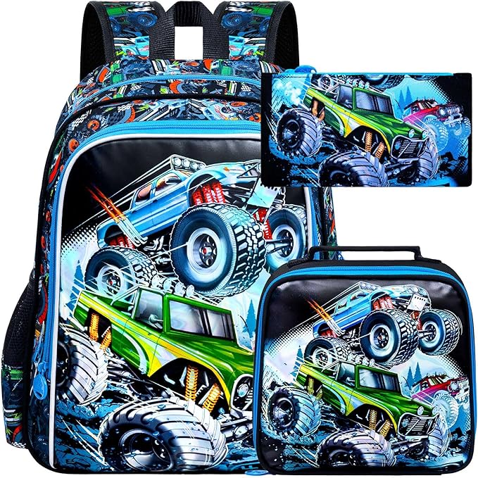 CCJPX 16" Truck Backpack for Boys, 3PCS Cars Kids Water Resistant Preschool Bookbags, Cool Kindergarten School Backpacks and Lunch Box