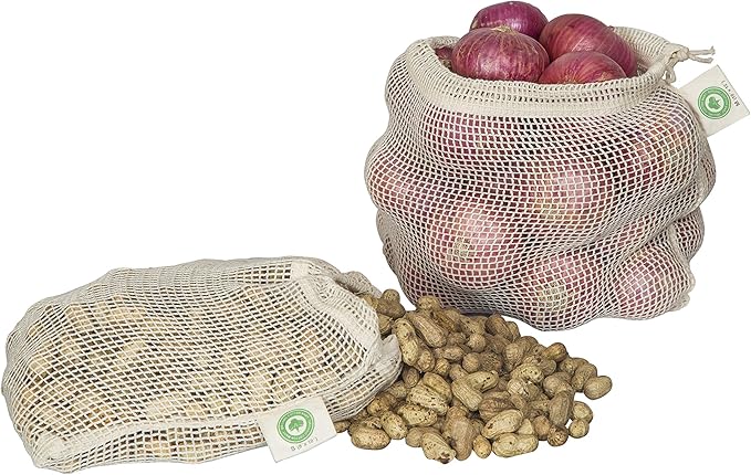 Reusable Mesh Vegetable Bags of 100% Organic Cotton - 6 Pieces Perfect Net Produce Bags - Eco-friendly, Bio-degradable & Washable Fruit, Vegetable & Produce Bags (3 Medium, 3 Small)