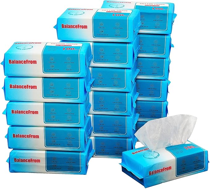 Ultra-Gentle 100% Natural Cotton Facial Tissue - Unscented Multi-Purpose Dry Cotton Tissue for Sensitive Skin, Makeup Removal & Baby Care, (Pack of 18)