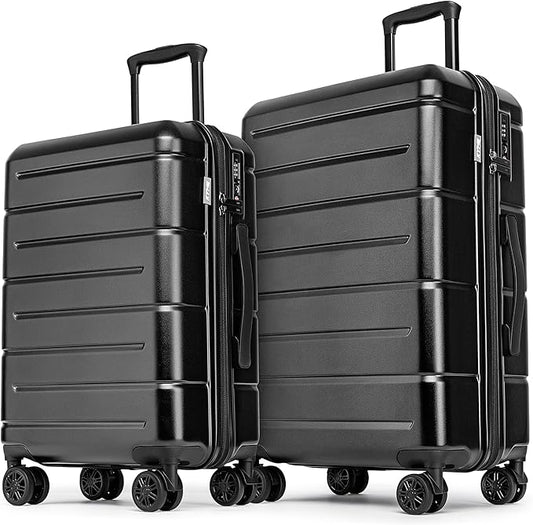KYME Luggage Sets 2 Piece Hardshell 22"/26" Suitcase with Spinner Wheels Hardside Suitcases Sets with TSA Lock Lightweight Travel Luggage Set with Cup Holder for Women Men Black