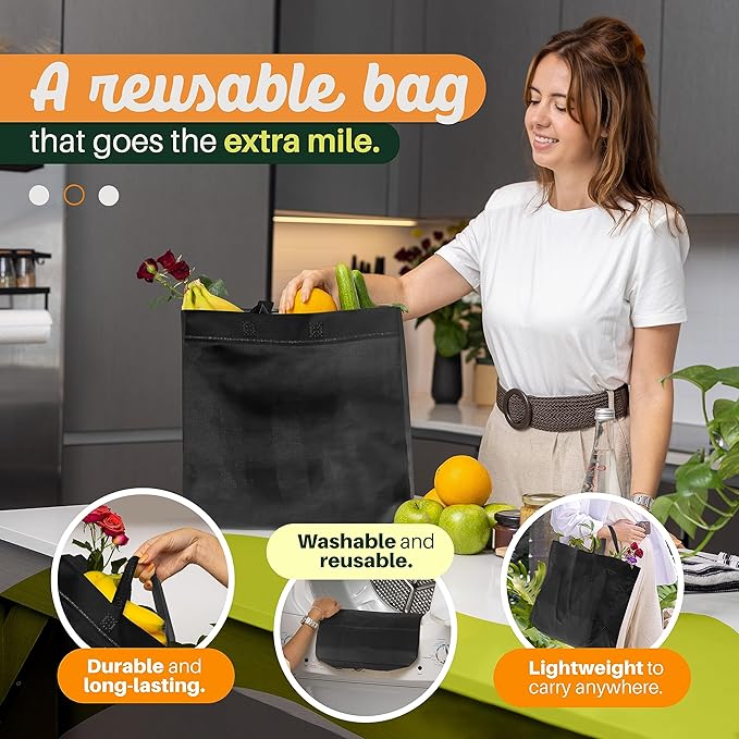 Simply Cool 50 Pack Black Reusable Eco-Friendly Large Grocery Shopping Bags 14.5"x14"x6.6" Durable Recyclable Washable Foldable Portable Tote Bags Bulk