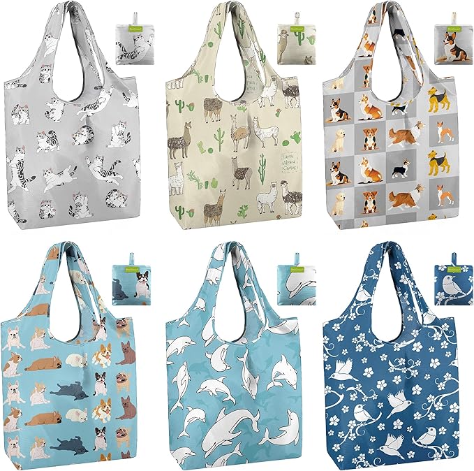 BeeGreen Reusable Grocery Bags 6 Pack, Heavy Duty Totes for Women, Foldable Grocery Bag Large Shopping Totes with Handles for Work, Travel, Gift, Store, Polyester Washable Reusable Tote Bag