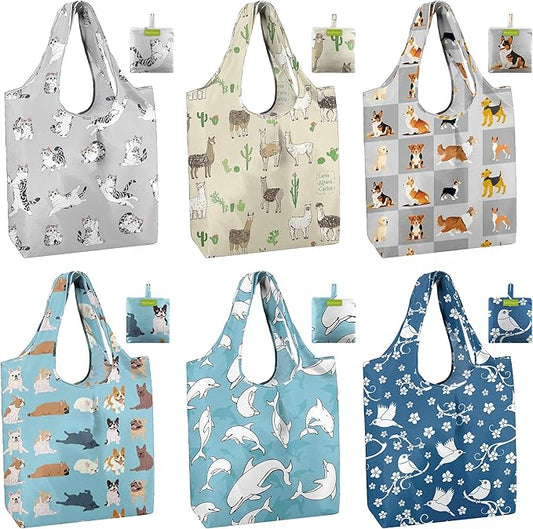 BeeGreen Reusable Grocery Bags 6 Pack, Heavy Duty Totes for Women, Foldable Grocery Bag Large Shopping Totes with Handles for Work, Travel, Gift, Store, Polyester Washable Reusable Tote Bag