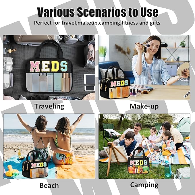 Chenille Letter Clear Medicine Makeup Bag for Travel, Preppy Patch Nylon Cosmetic Meds Pouch with Handles and Zipper, Waterproof Large Travel Toiletry Bag Storage Case for Women Black