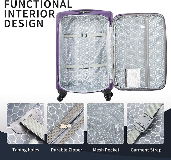 Merax Softside Luggage Set Softshell Lightweight 3 Piece Spinner Suitcase 22" 26" 30" Purple