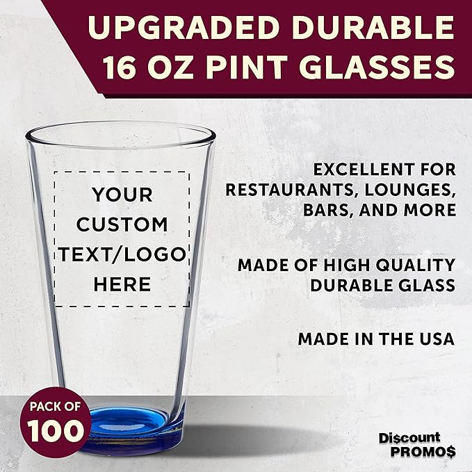 Custom Arc Pint Glass 16 oz. Set of 100, Personalized Bulk Pack - Beer Glasses, Heavy Duty Drinkware - Blue