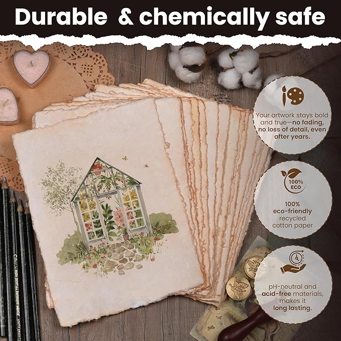 LEATHER VILLAGE Watercolor Paper - 7.5 X 11 inches, 50 Sheets - Mixed Media Watercolor Paper - 150 GSM Thick Deckle Edge Virgin Cotton Handmade Paper - Vintage Toned