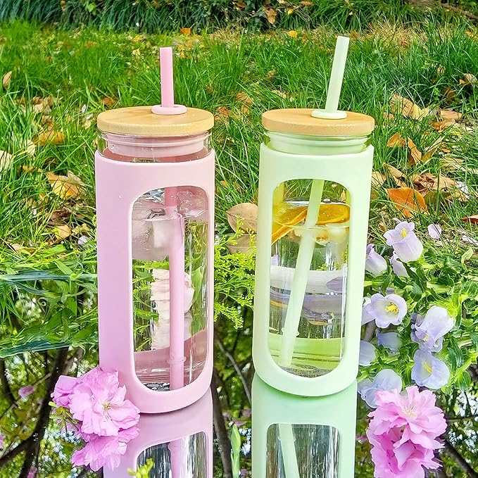 Kodrine 20oz Glass Tumbler with Straw and Lid, Iced Coffee Cups with Bamboo Lids, Glass Cups for Cold Drinks, Smoothie Cup with Silicone Sleeve for Travel, Work, BPA FREE-MintCream