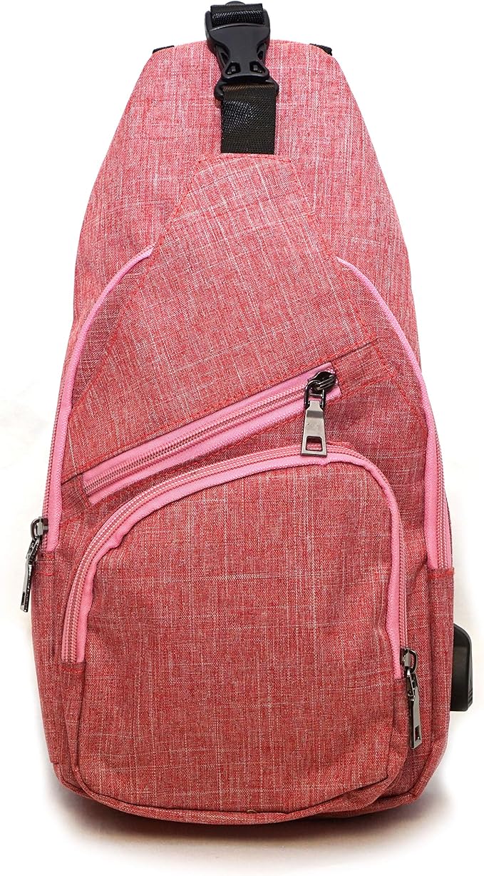 Anti-Theft Daypack Crossbody Sling Backpack, USB Charging Connector Port, Lightweight Day Pack for Travel, Hiking, Everyday, Large, Rose
