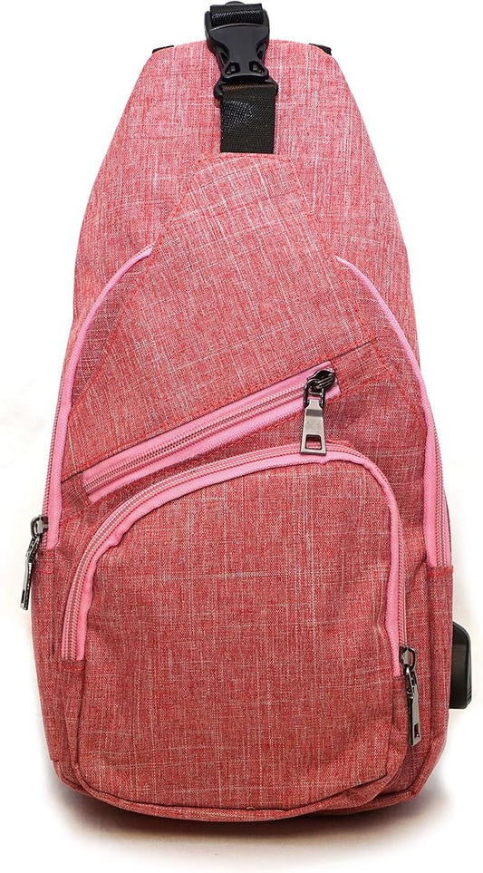 Anti-Theft Daypack Crossbody Sling Backpack, USB Charging Connector Port, Lightweight Day Pack for Travel, Hiking, Everyday, Large, Rose