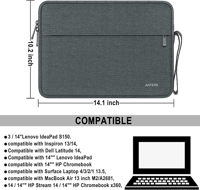 Laptop Sleeve 14 Inch, Water Resistant Traveling Computer Cover with Handle, Shockproof Protective Carrying Laptop Case Compatible for 14 Inch MacBook Air/Pro, HP, Dell, Lenovo, Darkgrey