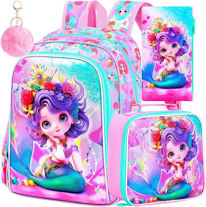 Mermaid Backpack, 16" Girls Kids Bookbag with Lunch Box，3Pcs School Backpacks for Elementary Preschool Kindergarten (Pink)