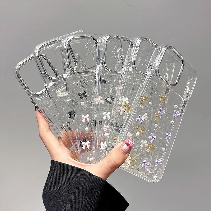 EYZUTAK Case for iPhone 17 Pro Max, Bling Glitter 3D Bowknot Phone Case Cute Sparkly Crystal Clear Bow Aesthetic Cover Slim Soft Durable TPU Transparent Protective Cover for Women Girls - White Bow