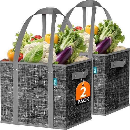 Fab totes Reusable Grocery Bags, Large Foldable Shopping Tote Bags with Reinforced Handles & Hard Bottom,Water Resistant Grocery Bags for kitchen,Picnic,2 Pack, Black