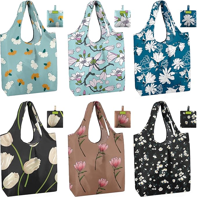BeeGreen Reusable Grocery Bags 6 Pack, Heavy Duty Totes for Women, Foldable Grocery Bag Large Shopping Totes with Handles for Work, Travel, Gift, Store, Polyester Washable Reusable Tote Bag