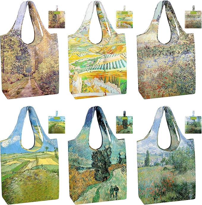 BeeGreen Oil Painting Reusable Grocery Bags 6 Pack, Heavy Duty Totes for Women, Foldable Grocery Bag Large Shopping Totes with Handles for Work, Travel, Gift, Polyester Washable Reusable Tote Bag