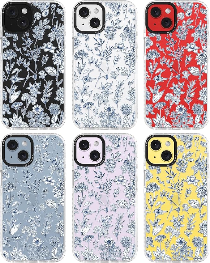 for iPhone 14 Case, Vintage Botanical Pattern with Blue Flowers, Military-Grade Drop Protection, Elegant Soft Slim TPU Protective Cover with Camera Lens Protection for Women & Girls
