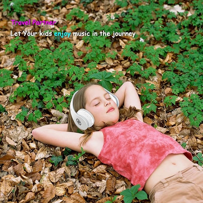 Headphones Kids Bluetooth 5.4 Wireless Play Time 68H Safe Volume Limit 85/94dB Over-Ear Foldable Headset,Fast Charging,with Aux Cord Built-in Mic for Toddler Child Pad Study Tablet White