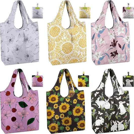 BeeGreen Reusable Grocery Bags 6 Pack, Heavy Duty Totes for Women, Foldable Grocery Bag Large Shopping Totes with Handles for Work, Travel, Gift, Store, Polyester Washable Reusable Tote Bag