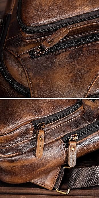 Le'aokuu Men Fashion Casual Tea Designer Travel Hiking Crossbody Chest Sling Bag Rig One Shoulder Strap Bag Men Leather 8015