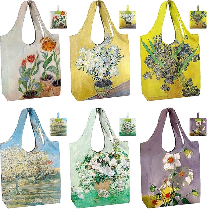 BeeGreen Oil Painting Reusable Grocery Bags 6 Pack, Heavy Duty Totes for Women, Foldable Grocery Bag Large Shopping Totes with Handles for Work, Travel, Gift, Polyester Washable Reusable Tote Bag