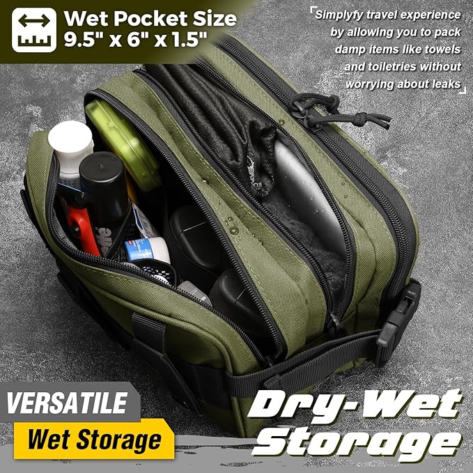 DBTAC Tactical Toiletry Bag w/Electronic Organizer Compartment | Dry/Wet Separate Hygiene Bag, Expanded Travel Dopp Kit Shaving Kit Travel shower Bag for Men (OD Green)