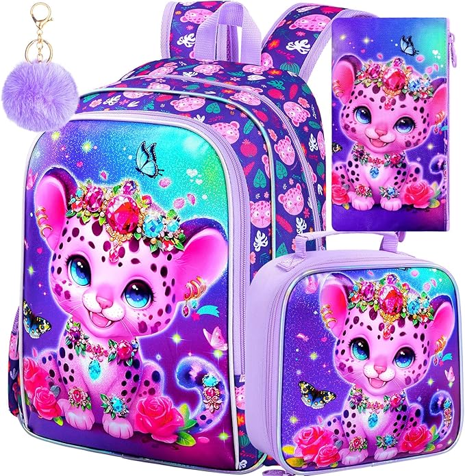 3Pcs Girls Backpack, 16" Kids Bookbag with Lunch Box，Leopard School Backpacks for Elementary Preschool Kindergarten (Purple)