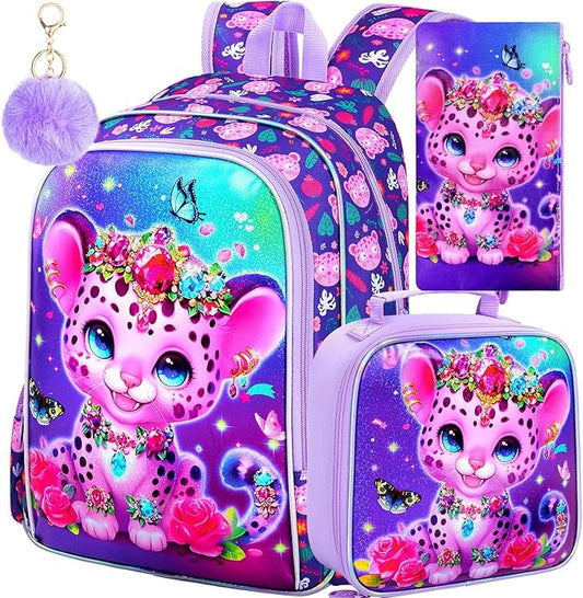 3Pcs Girls Backpack, 16" Kids Bookbag with Lunch Box，Leopard School Backpacks for Elementary Preschool Kindergarten (Purple)