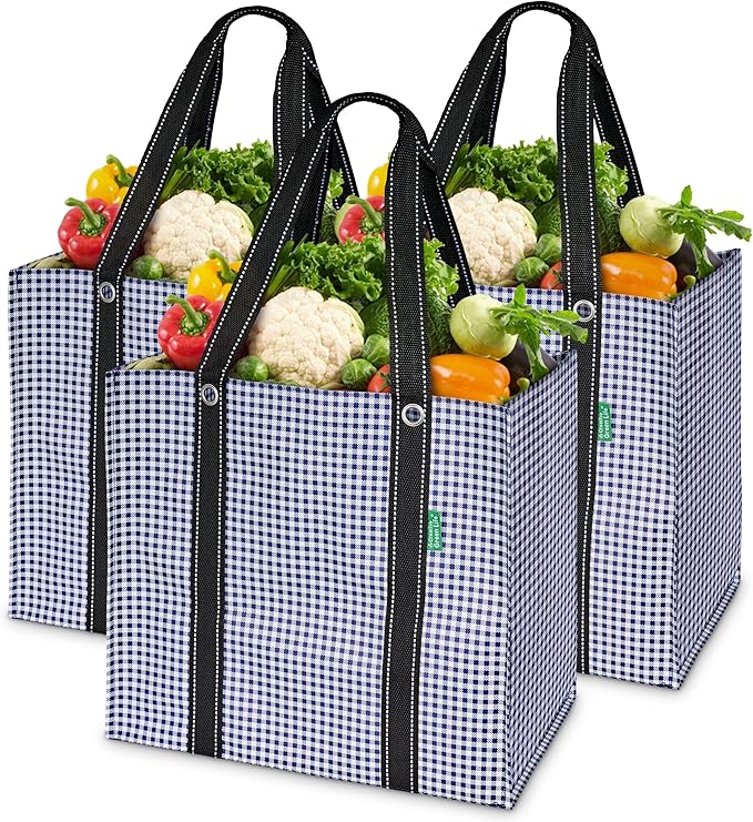 Creative Green Life 3 Pack Heavy Duty Reusable Grocery Bags with Hard Bottom & Strong Handles – Foldable, Durable, Easy to clean, Water-Resistant & Multi-Purpose (Blue Checkered)