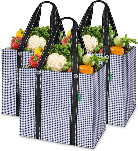 Creative Green Life 3 Pack Heavy Duty Reusable Grocery Bags with Hard Bottom & Strong Handles – Foldable, Durable, Easy to clean, Water-Resistant & Multi-Purpose (Blue Checkered)