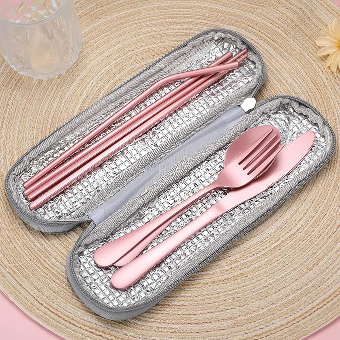 Portable Stainless Steel Flatware Set, Travel Camping Cutlery Set, Portable Utensil Travel Silverware Dinnerware Set with a Waterproof Case (Pink)