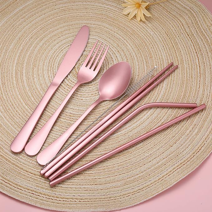 Portable Stainless Steel Flatware Set, Travel Camping Cutlery Set, Portable Utensil Travel Silverware Dinnerware Set with a Waterproof Case (Pink)