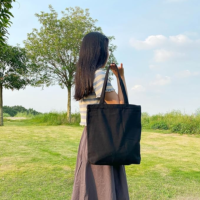 Koolmox Tote Bag Black, 13.5x13.5x3.5'' 6-Pack Canvas Tote Bags with Wide Bottom & Reinforced Handles, 12Oz Heavy Cotton Canvas Blank Tote Bag for Painting Art Craft, Men Women Shopping, Book Bag