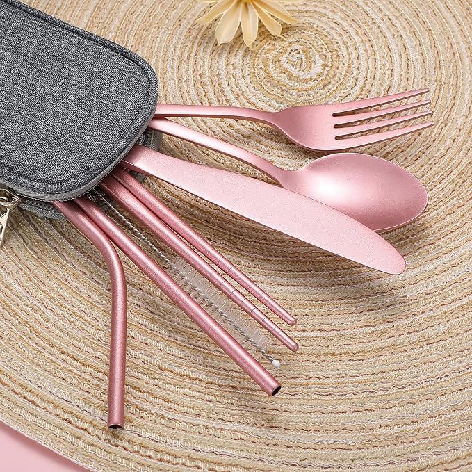 Portable Stainless Steel Flatware Set, Travel Camping Cutlery Set, Portable Utensil Travel Silverware Dinnerware Set with a Waterproof Case (Pink)